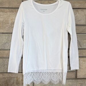 Soft Surroundings White Long-Sleeve Lace Hem Tee